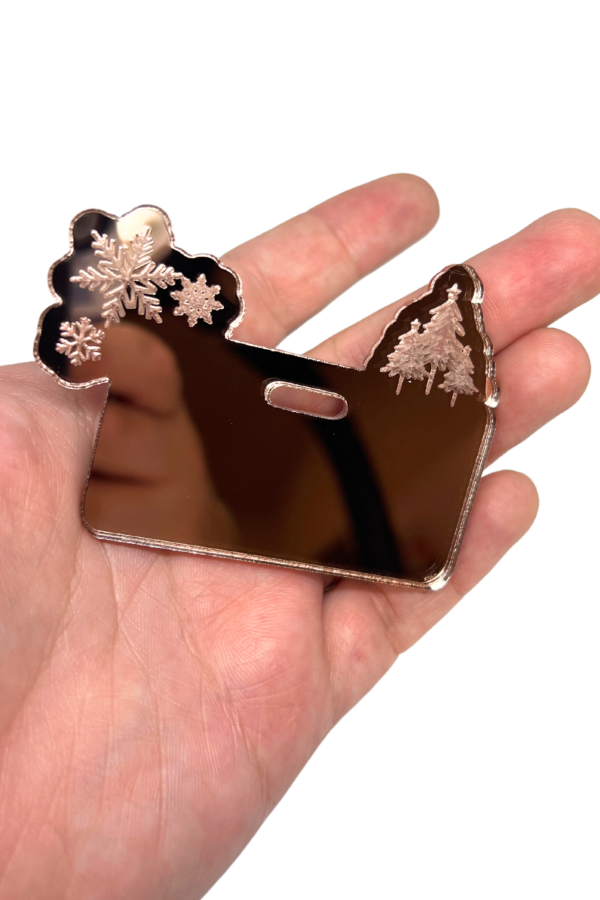 Mirrored Rose Gold Christmas Badge Reel Buddy- Snowflakes and Trees - Image 6