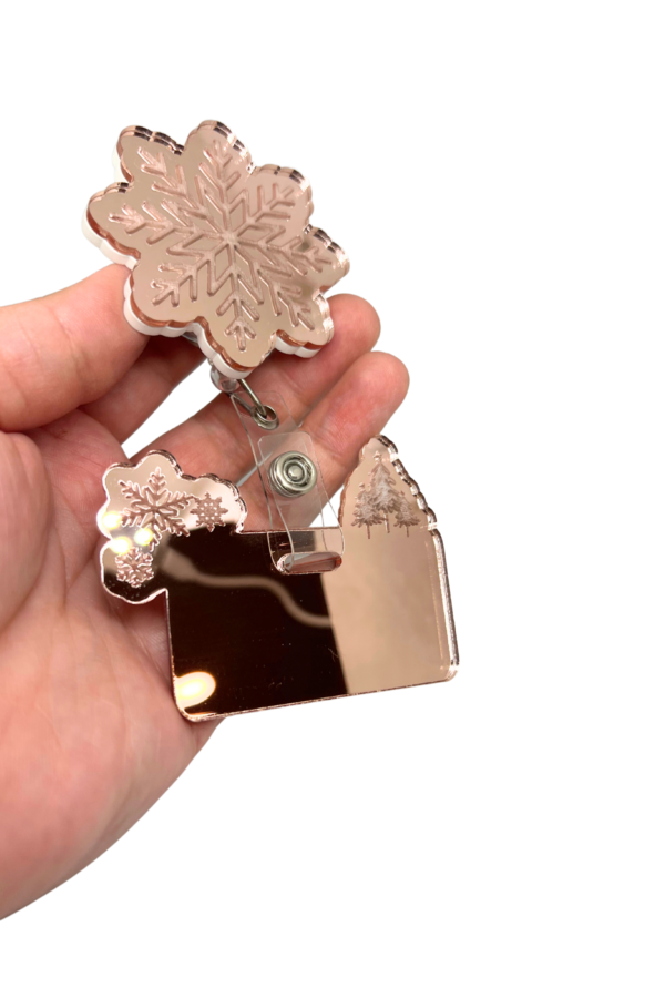 Mirrored Rose Gold Christmas Badge Reel Buddy- Snowflakes and Trees - Image 4