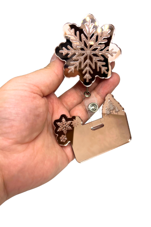 Mirrored Rose Gold Christmas Badge Reel Buddy- Snowflakes and Trees - Image 3