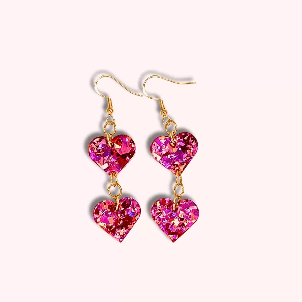 Pink Glitter Hearts Dangle Earrings
