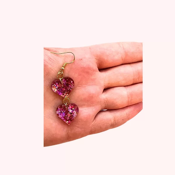 Pink Glitter Hearts Dangle Earrings - Image 5