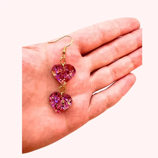 Pink Glitter Hearts Dangle Earrings - Image 4