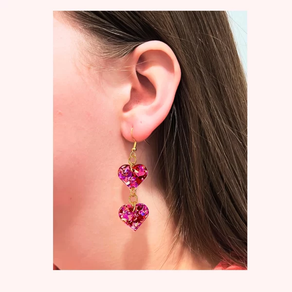 Pink Glitter Hearts Dangle Earrings - Image 3